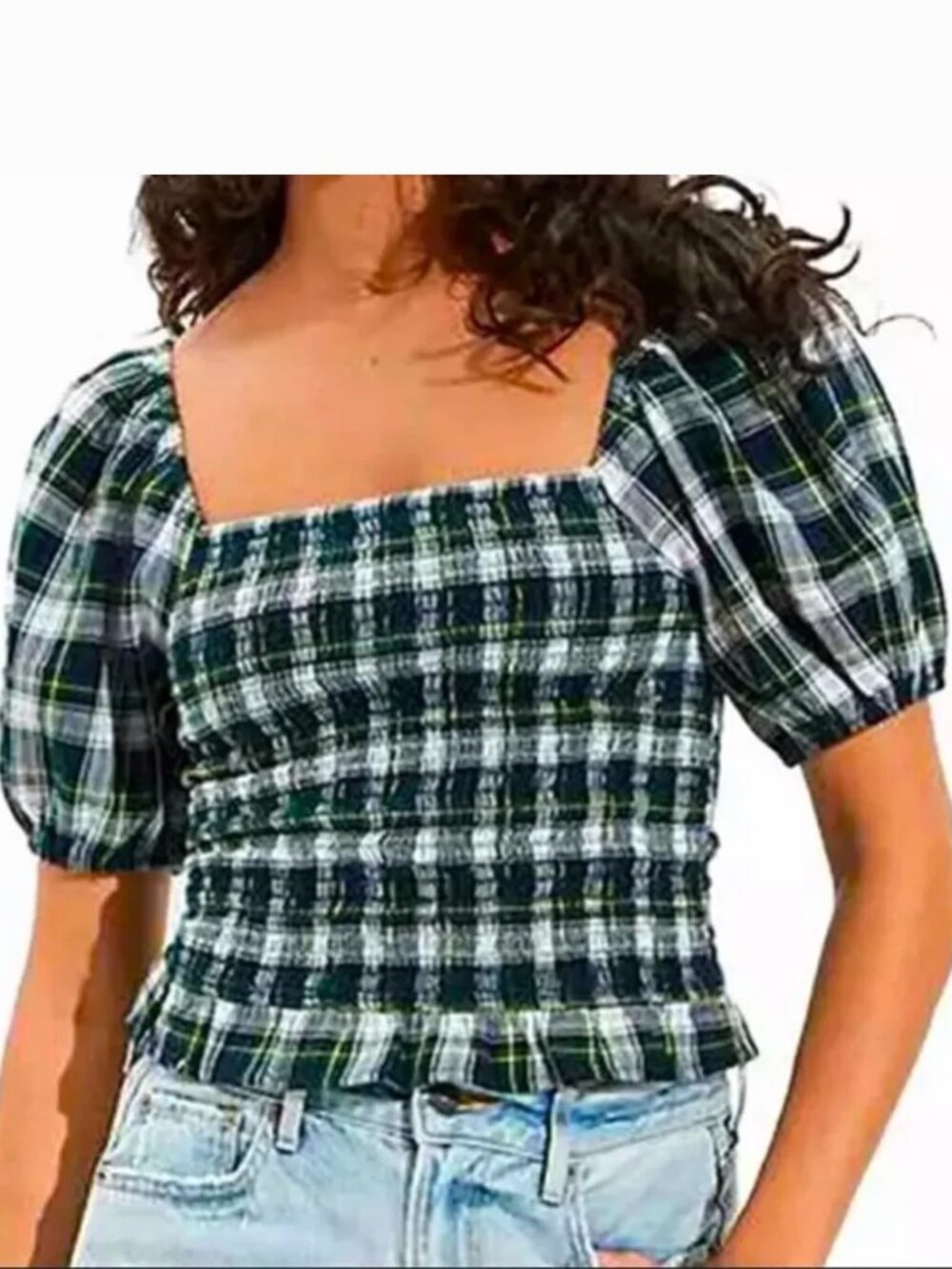 American Eagle Plaid Puff Sleeve Smocked Top – Size M
